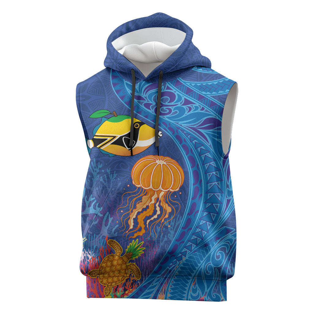 Hawaiian Funny Fruits Sea Animals Sleeveless Hoodie Mango Reef Triggerfish and Pineapple Turtle and Mandarin Jellyfish