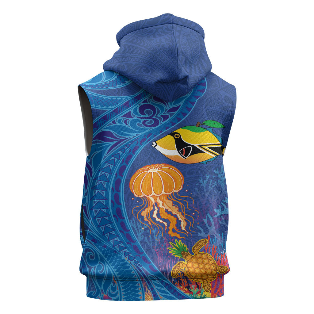 Hawaiian Funny Fruits Sea Animals Sleeveless Hoodie Mango Reef Triggerfish and Pineapple Turtle and Mandarin Jellyfish