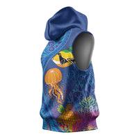 Hawaiian Funny Fruits Sea Animals Sleeveless Hoodie Mango Reef Triggerfish and Pineapple Turtle and Mandarin Jellyfish