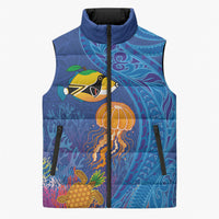 Hawaiian Funny Fruits Sea Animals Sleeveless Puffer Jacket Mango Reef Triggerfish and Pineapple Turtle and Mandarin Jellyfish