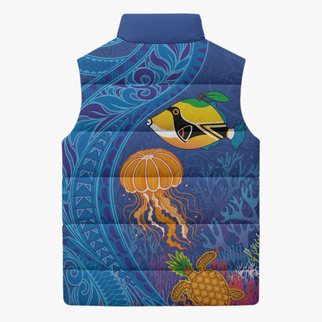 Hawaiian Funny Fruits Sea Animals Sleeveless Puffer Jacket Mango Reef Triggerfish and Pineapple Turtle and Mandarin Jellyfish