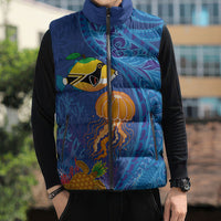 Hawaiian Funny Fruits Sea Animals Sleeveless Puffer Jacket Mango Reef Triggerfish and Pineapple Turtle and Mandarin Jellyfish