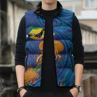 Hawaiian Funny Fruits Sea Animals Sleeveless Puffer Jacket Mango Reef Triggerfish and Pineapple Turtle and Mandarin Jellyfish