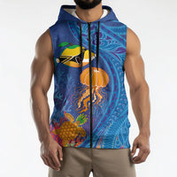 Hawaiian Funny Fruits Sea Animals Sleeveless Zip Hoodie Mango Reef Triggerfish and Pineapple Turtle and Mandarin Jellyfish
