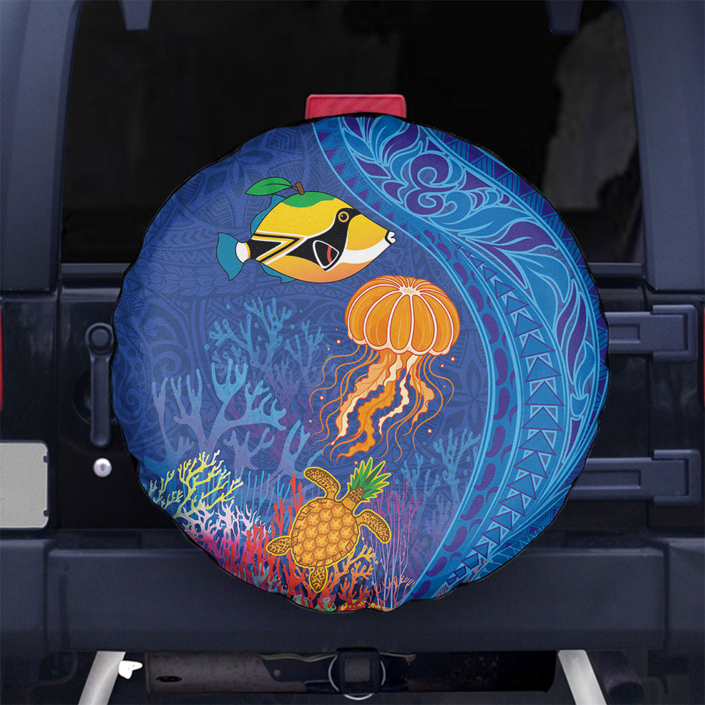 Hawaiian Funny Fruits Sea Animals Spare Tire Cover Mango Reef Triggerfish and Pineapple Turtle and Mandarin Jellyfish