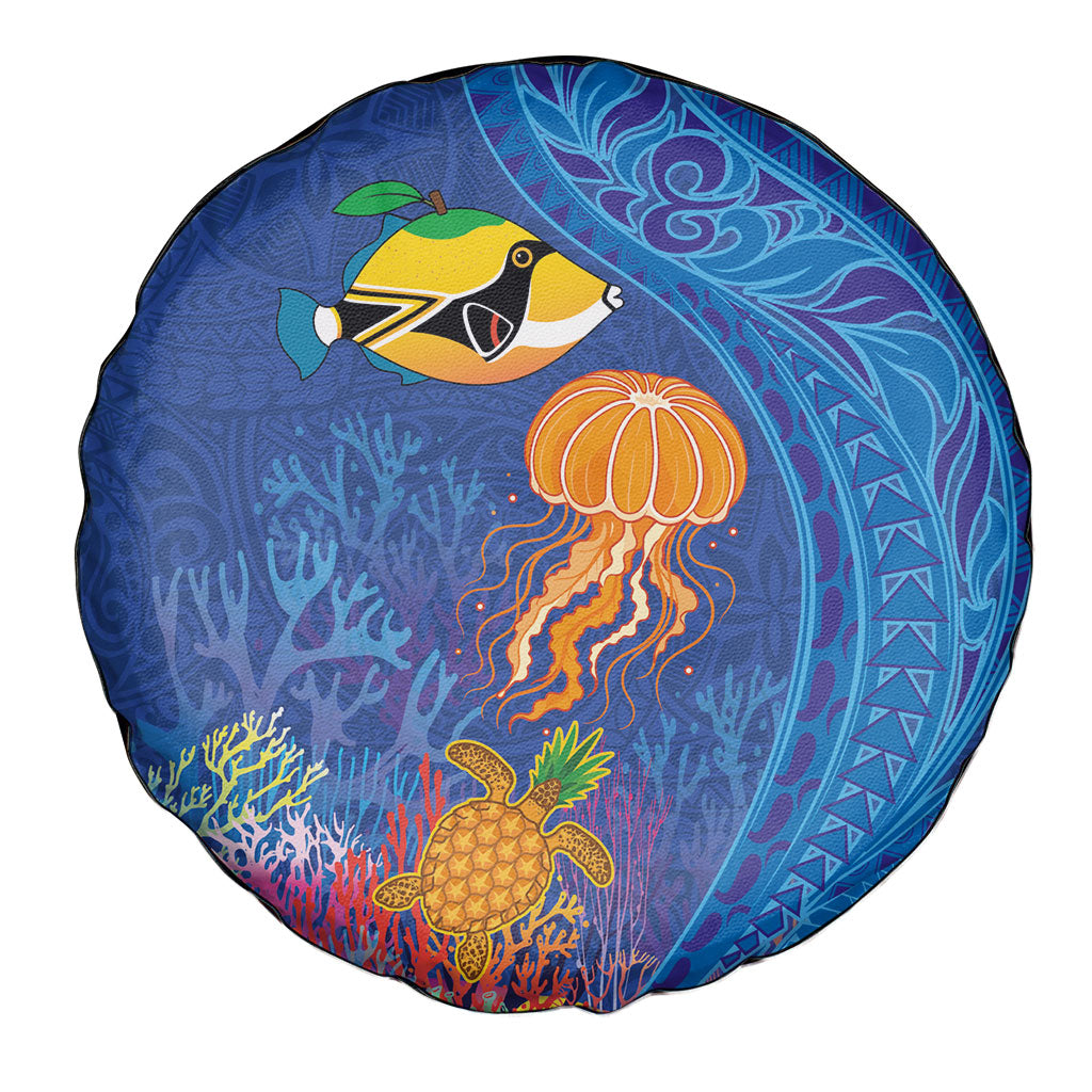Hawaiian Funny Fruits Sea Animals Spare Tire Cover Mango Reef Triggerfish and Pineapple Turtle and Mandarin Jellyfish