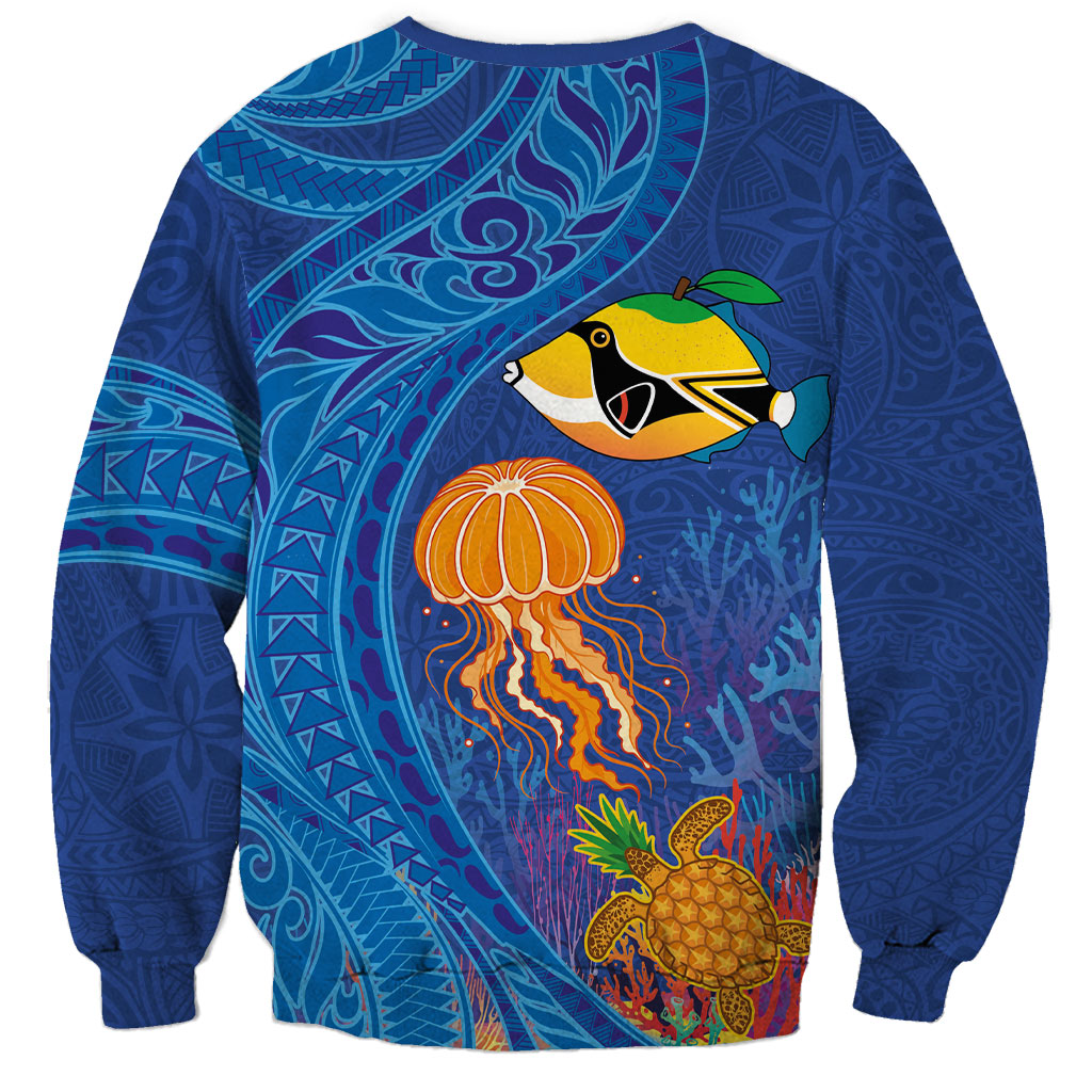 Hawaiian Funny Fruits Sea Animals Sweatshirt Mango Reef Triggerfish and Pineapple Turtle and Mandarin Jellyfish