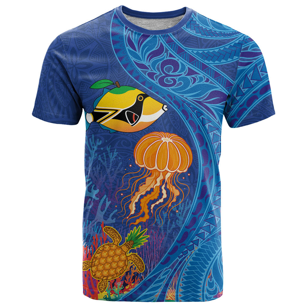 Hawaiian Funny Fruits Sea Animals T Shirt Mango Reef Triggerfish and Pineapple Turtle and Mandarin Jellyfish