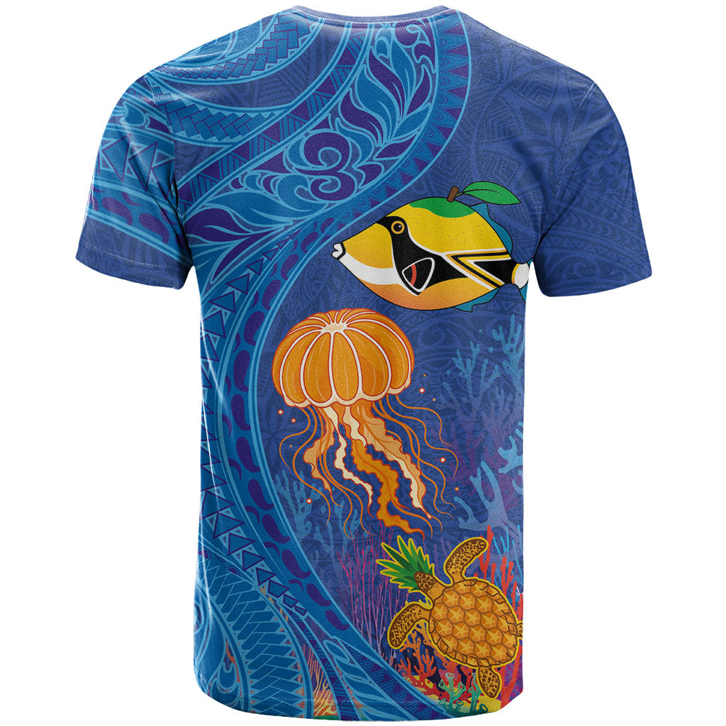 Hawaiian Funny Fruits Sea Animals T Shirt Mango Reef Triggerfish and Pineapple Turtle and Mandarin Jellyfish