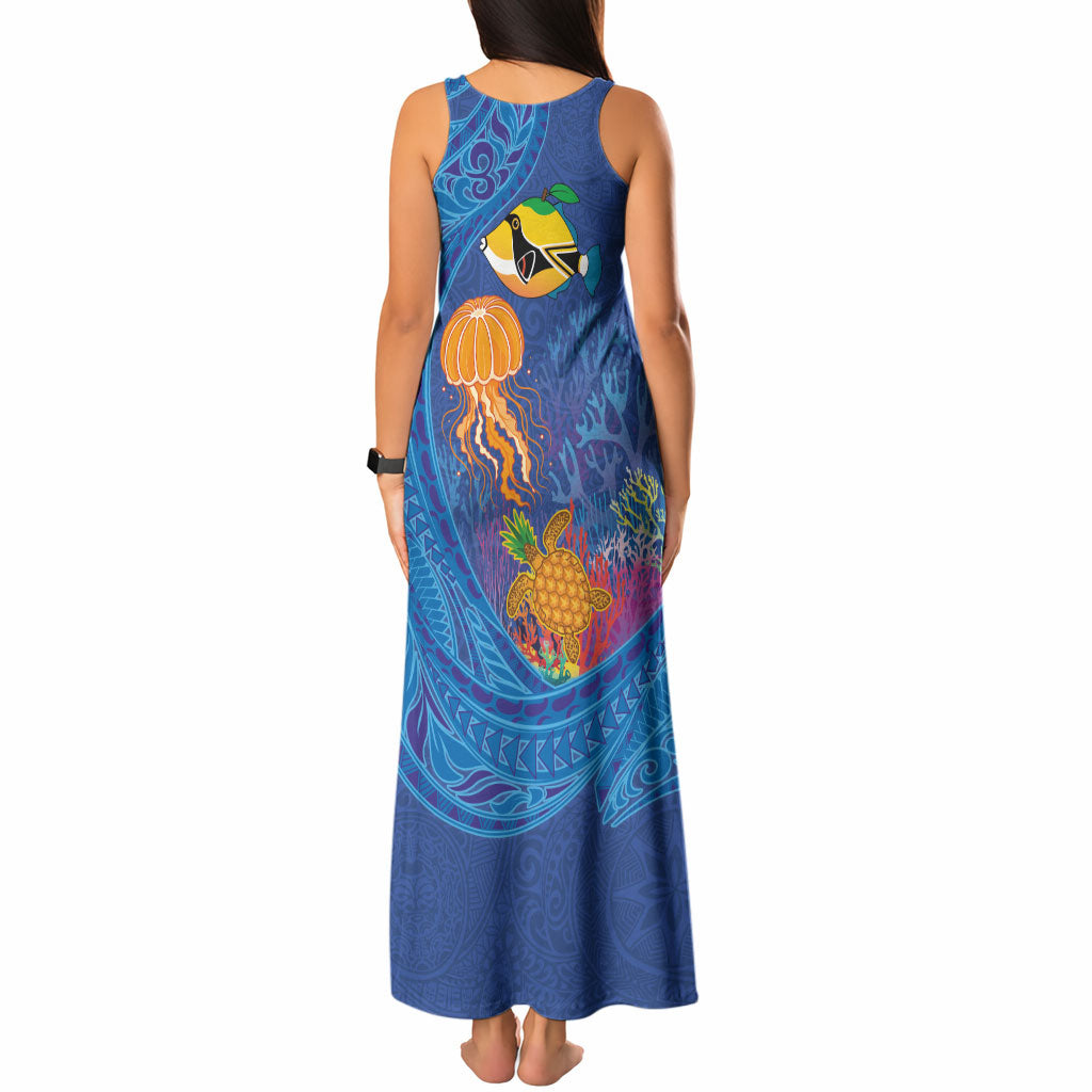 Hawaiian Funny Fruits Sea Animals Tank Maxi Dress Mango Reef Triggerfish and Pineapple Turtle and Mandarin Jellyfish
