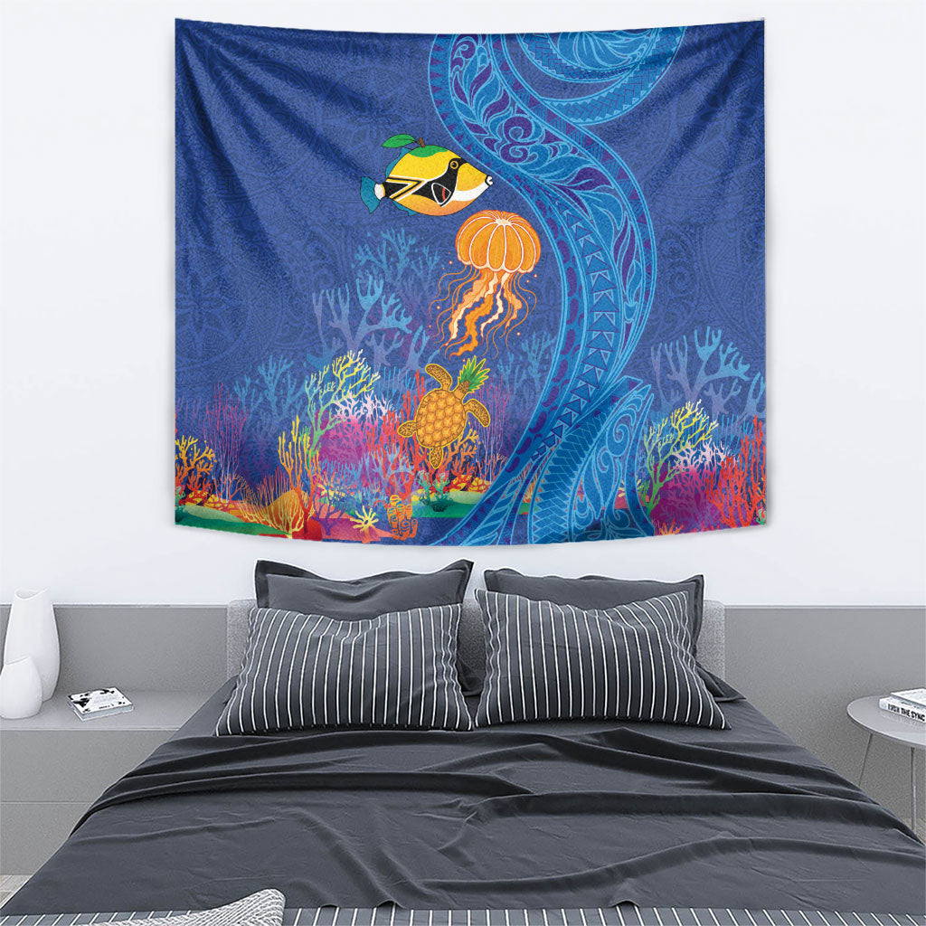 Hawaiian Funny Fruits Sea Animals Tapestry Mango Reef Triggerfish and Pineapple Turtle and Mandarin Jellyfish