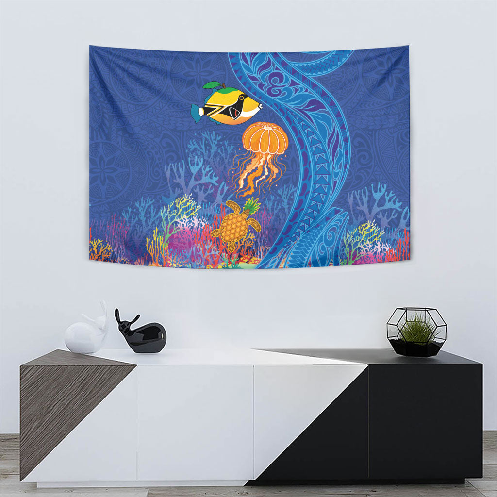 Hawaiian Funny Fruits Sea Animals Tapestry Mango Reef Triggerfish and Pineapple Turtle and Mandarin Jellyfish