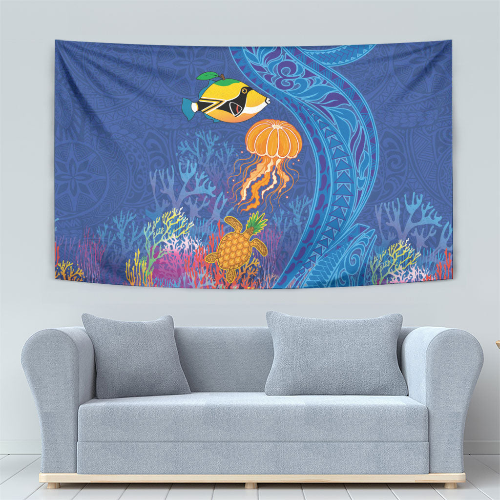 Hawaiian Funny Fruits Sea Animals Tapestry Mango Reef Triggerfish and Pineapple Turtle and Mandarin Jellyfish