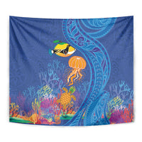 Hawaiian Funny Fruits Sea Animals Tapestry Mango Reef Triggerfish and Pineapple Turtle and Mandarin Jellyfish