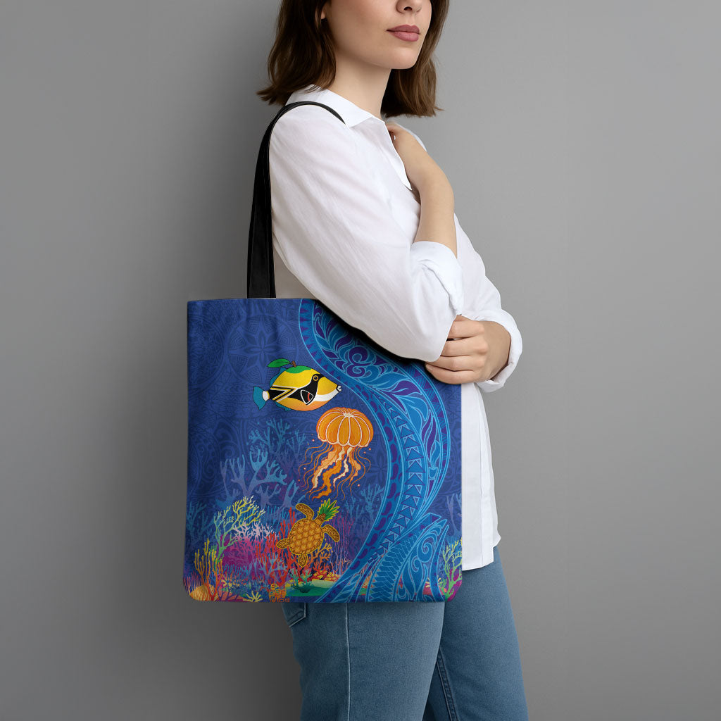 Hawaiian Funny Fruits Sea Animals Tote Bag Mango Reef Triggerfish and Pineapple Turtle and Mandarin Jellyfish