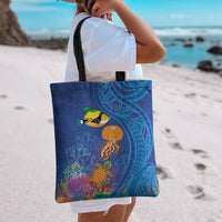 Hawaiian Funny Fruits Sea Animals Tote Bag Mango Reef Triggerfish and Pineapple Turtle and Mandarin Jellyfish