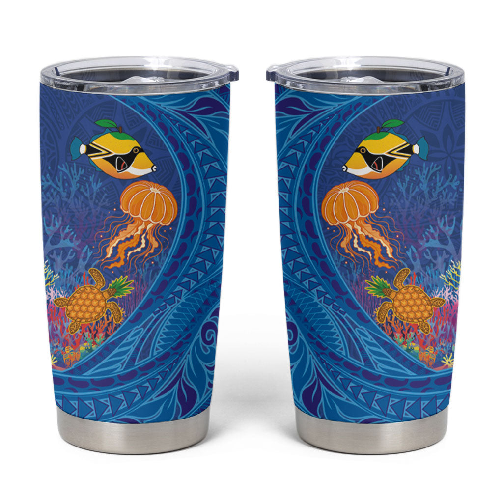 Hawaiian Funny Fruits Sea Animals Tumbler Cup Mango Reef Triggerfish and Pineapple Turtle and Mandarin Jellyfish LT03 Blue - Polynesian Pride