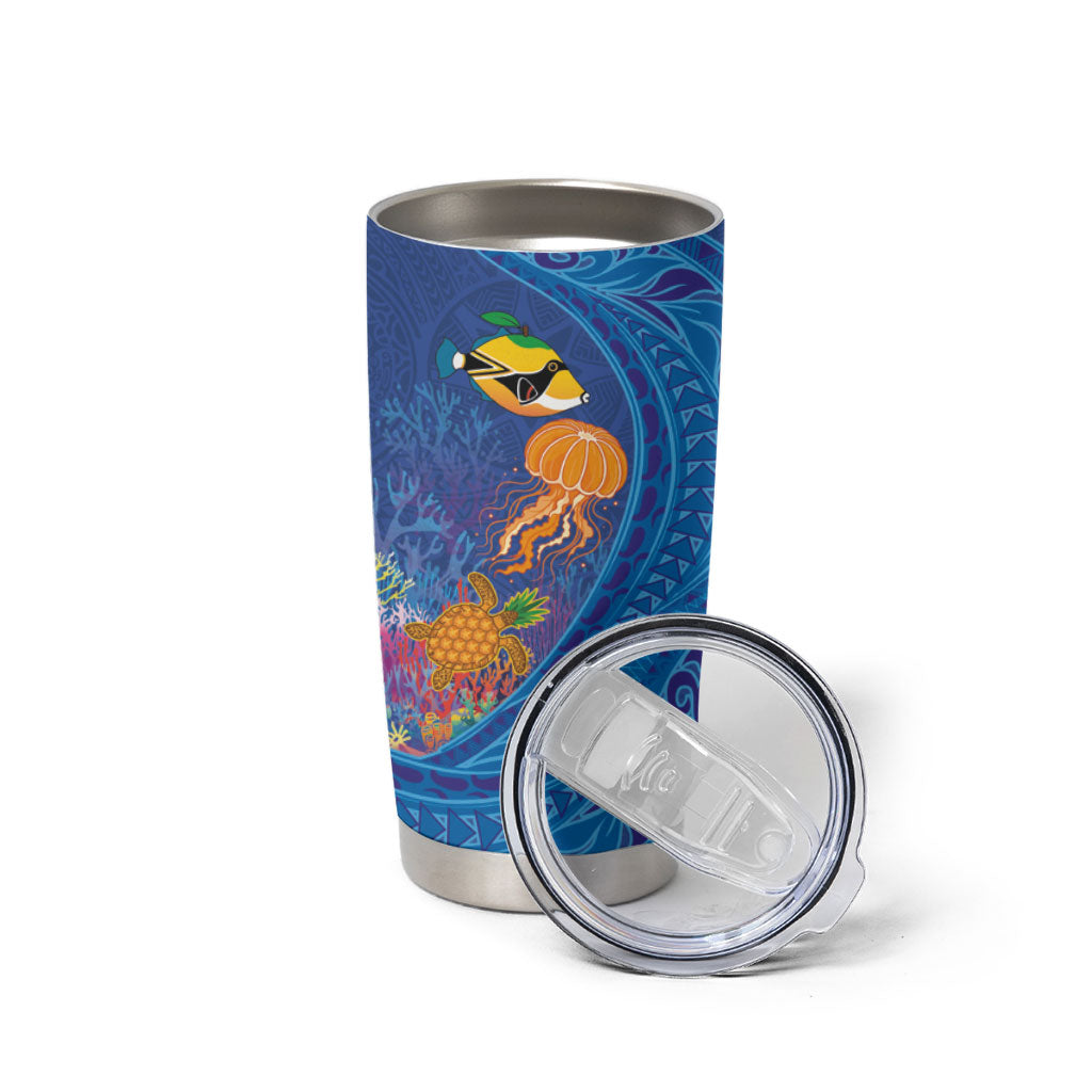 Hawaiian Funny Fruits Sea Animals Tumbler Cup Mango Reef Triggerfish and Pineapple Turtle and Mandarin Jellyfish