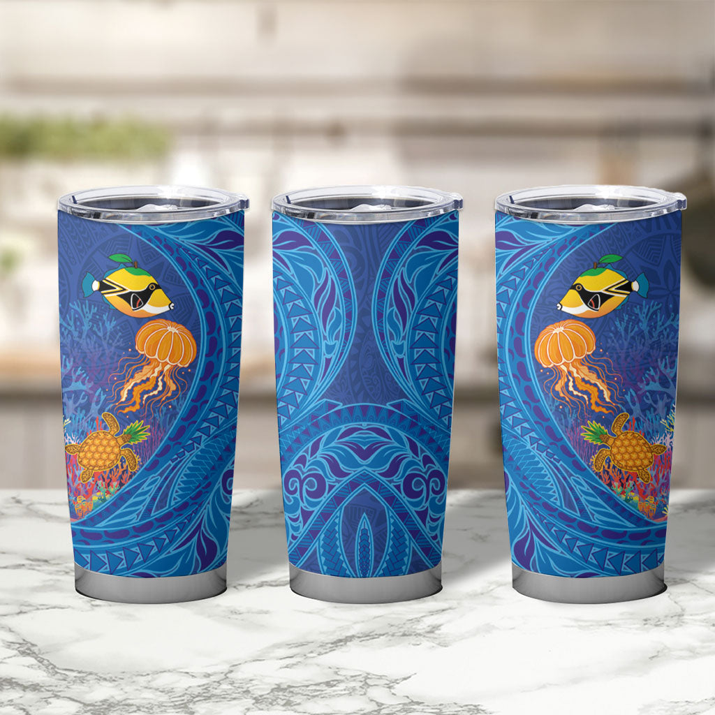Hawaiian Funny Fruits Sea Animals Tumbler Cup Mango Reef Triggerfish and Pineapple Turtle and Mandarin Jellyfish