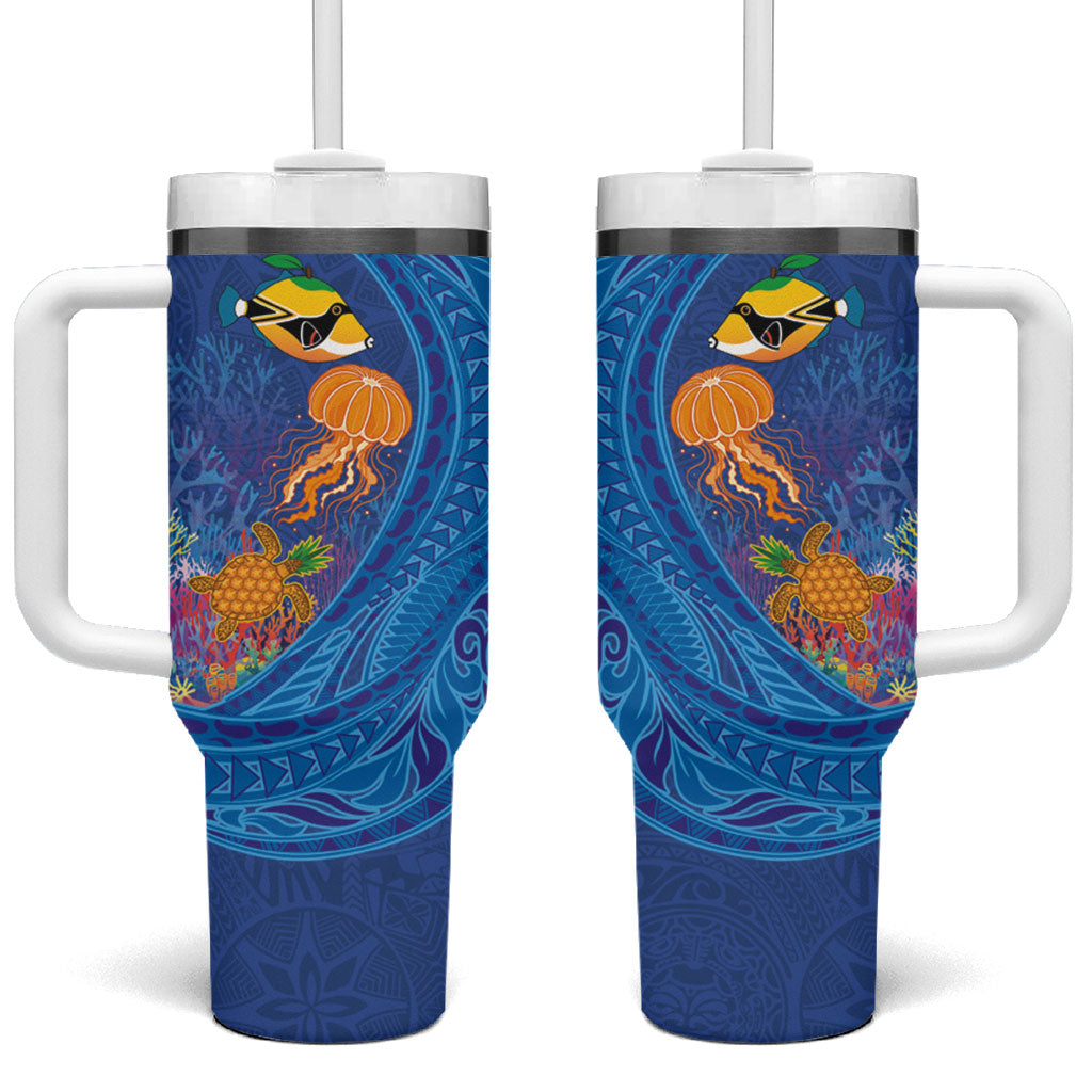 Hawaiian Funny Fruits Sea Animals Tumbler With Handle Mango Reef Triggerfish and Pineapple Turtle and Mandarin Jellyfish