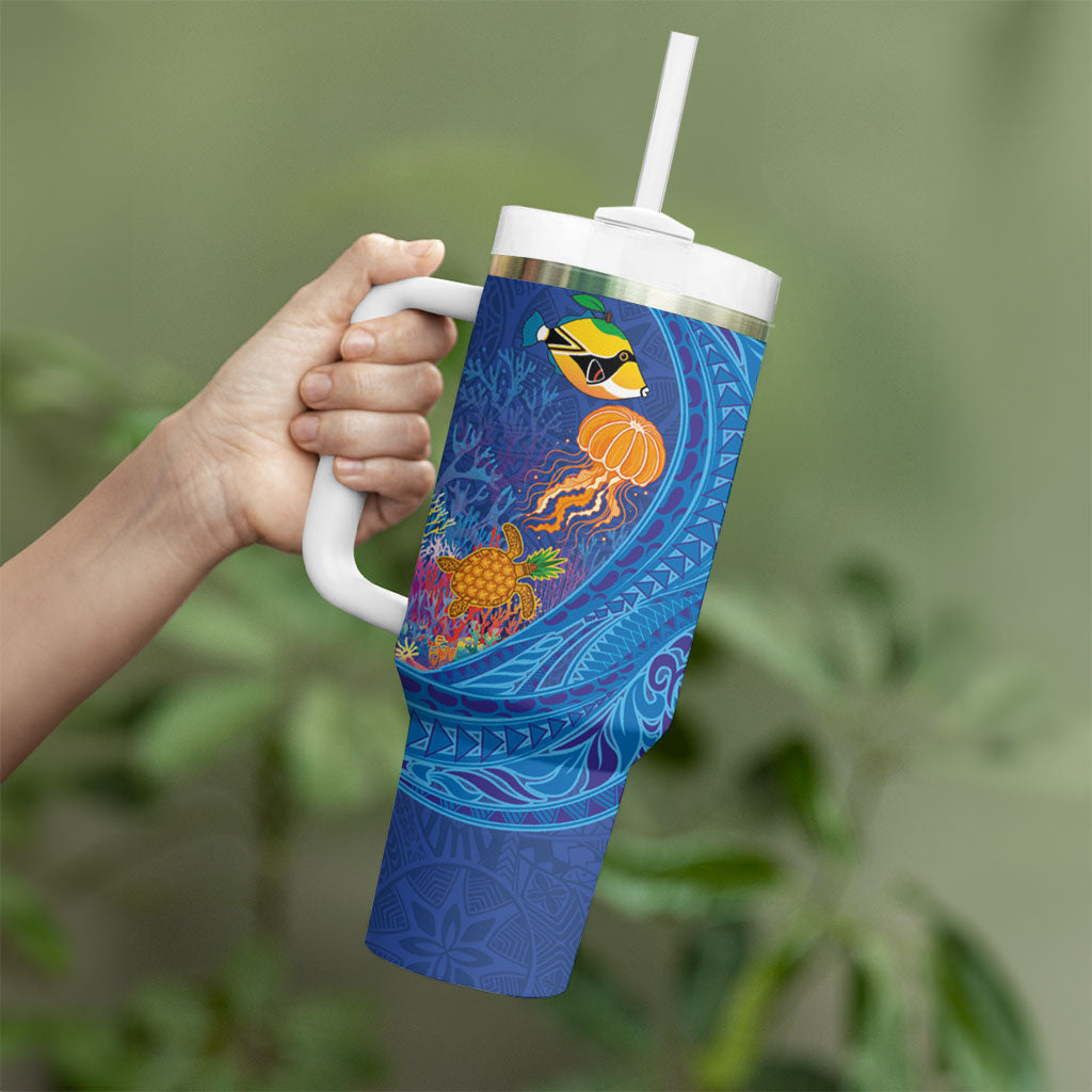 Hawaiian Funny Fruits Sea Animals Tumbler With Handle Mango Reef Triggerfish and Pineapple Turtle and Mandarin Jellyfish