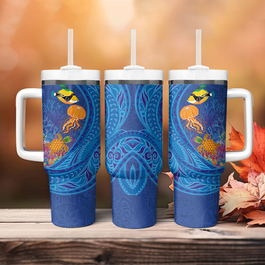 Hawaiian Funny Fruits Sea Animals Tumbler With Handle Mango Reef Triggerfish and Pineapple Turtle and Mandarin Jellyfish