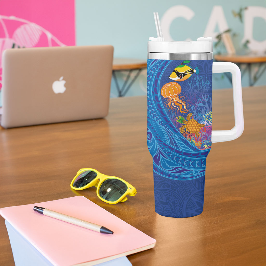 Hawaiian Funny Fruits Sea Animals Tumbler With Handle Mango Reef Triggerfish and Pineapple Turtle and Mandarin Jellyfish