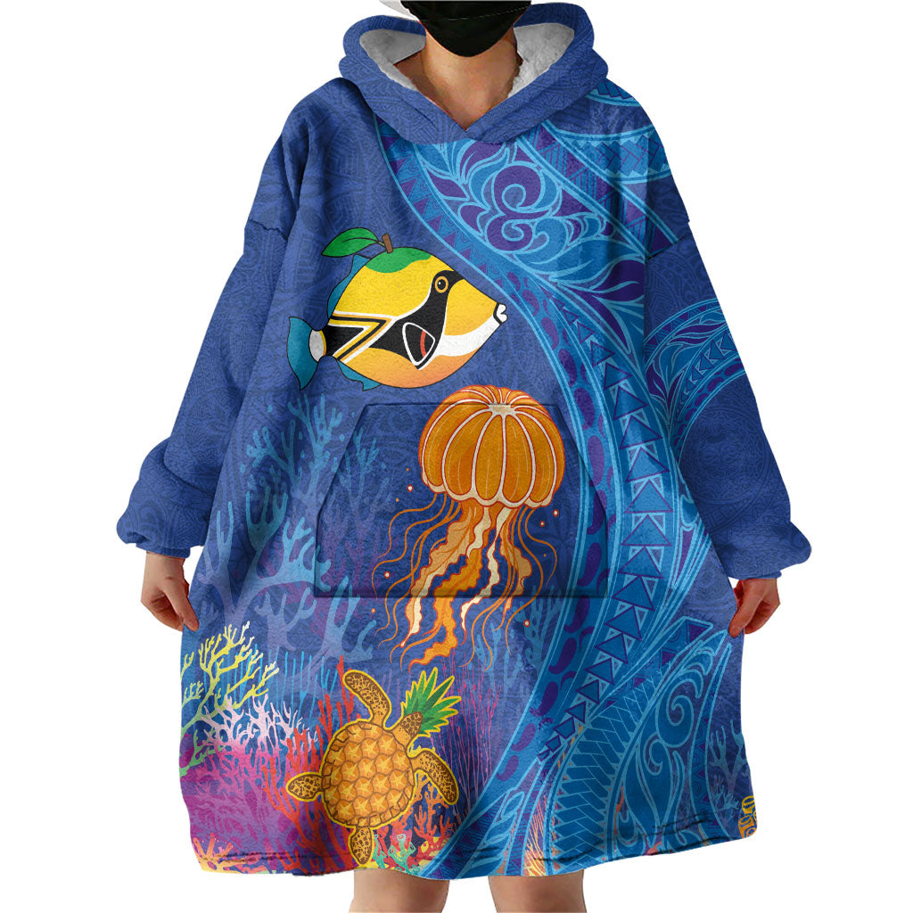 Hawaiian Funny Fruits Sea Animals Wearable Blanket Hoodie Mango Reef Triggerfish and Pineapple Turtle and Mandarin Jellyfish