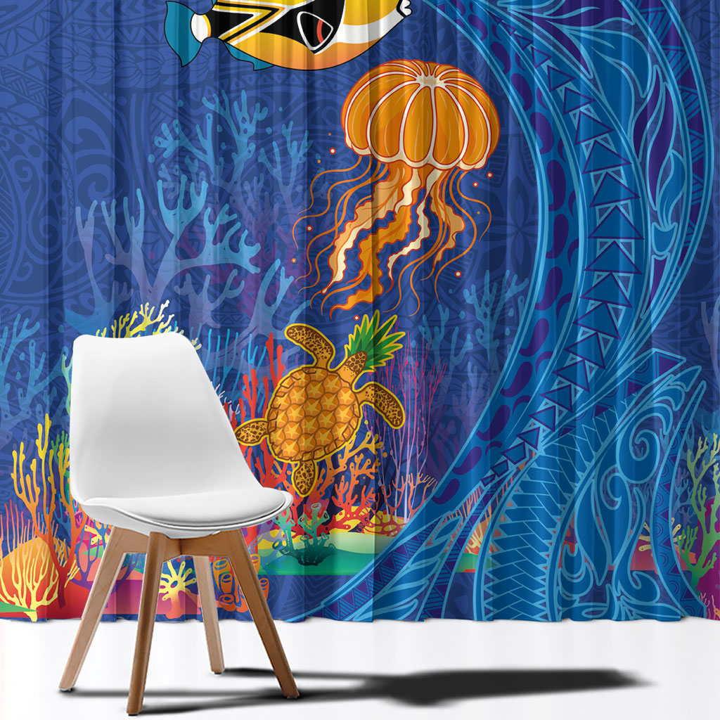 Hawaiian Funny Fruits Sea Animals Window Curtain Mango Reef Triggerfish and Pineapple Turtle and Mandarin Jellyfish