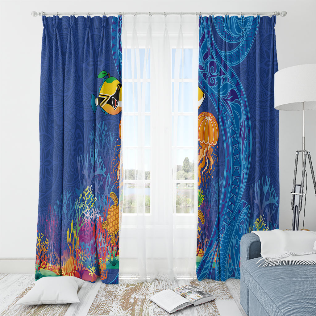 Hawaiian Funny Fruits Sea Animals Window Curtain Mango Reef Triggerfish and Pineapple Turtle and Mandarin Jellyfish