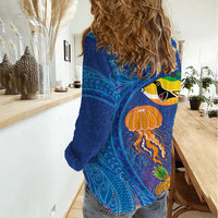 Hawaiian Funny Fruits Sea Animals Women Casual Shirt Mango Reef Triggerfish and Pineapple Turtle and Mandarin Jellyfish