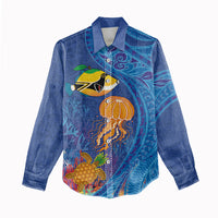 Hawaiian Funny Fruits Sea Animals Women Casual Shirt Mango Reef Triggerfish and Pineapple Turtle and Mandarin Jellyfish