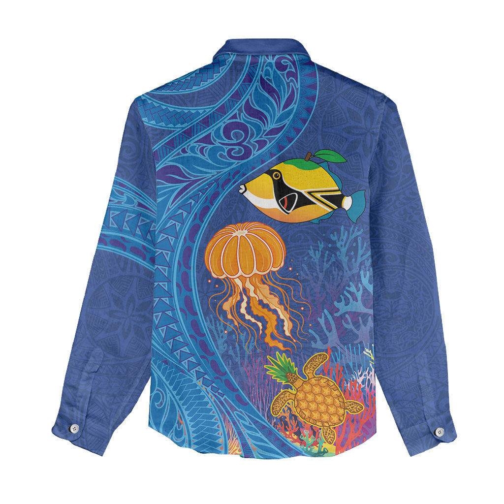 Hawaiian Funny Fruits Sea Animals Women Casual Shirt Mango Reef Triggerfish and Pineapple Turtle and Mandarin Jellyfish