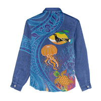 Hawaiian Funny Fruits Sea Animals Women Casual Shirt Mango Reef Triggerfish and Pineapple Turtle and Mandarin Jellyfish
