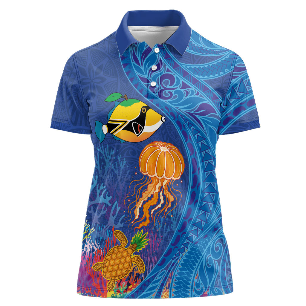 Hawaiian Funny Fruits Sea Animals Women Polo Shirt Mango Reef Triggerfish and Pineapple Turtle and Mandarin Jellyfish