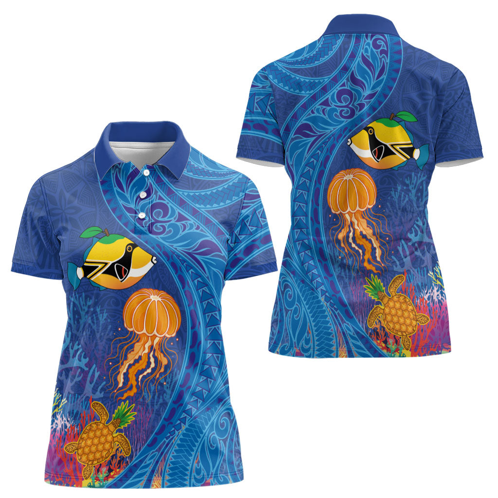 Hawaiian Funny Fruits Sea Animals Women Polo Shirt Mango Reef Triggerfish and Pineapple Turtle and Mandarin Jellyfish