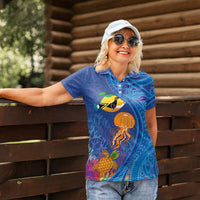 Hawaiian Funny Fruits Sea Animals Women Polo Shirt Mango Reef Triggerfish and Pineapple Turtle and Mandarin Jellyfish