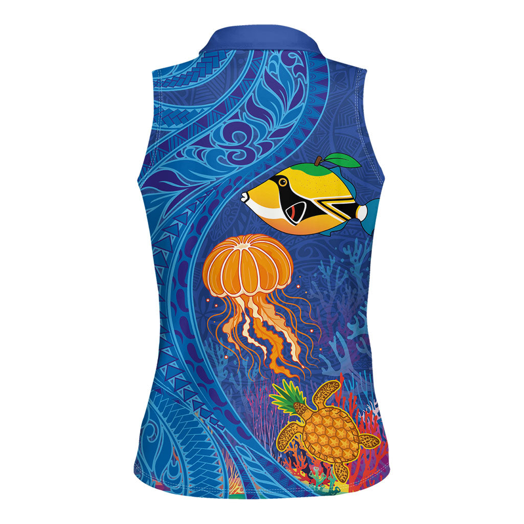 Hawaiian Funny Fruits Sea Animals Women Sleeveless Polo Shirt Mango Reef Triggerfish and Pineapple Turtle and Mandarin Jellyfish
