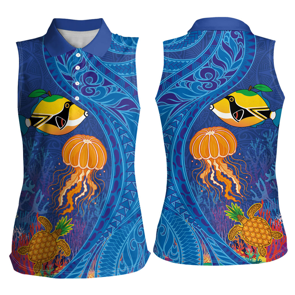 Hawaiian Funny Fruits Sea Animals Women Sleeveless Polo Shirt Mango Reef Triggerfish and Pineapple Turtle and Mandarin Jellyfish