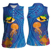Hawaiian Funny Fruits Sea Animals Women Sleeveless Polo Shirt Mango Reef Triggerfish and Pineapple Turtle and Mandarin Jellyfish