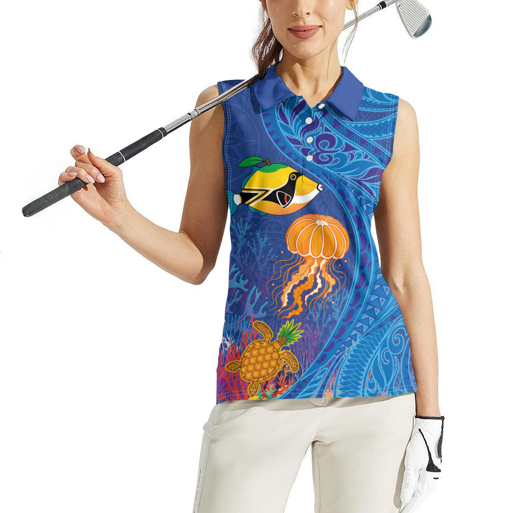 Hawaiian Funny Fruits Sea Animals Women Sleeveless Polo Shirt Mango Reef Triggerfish and Pineapple Turtle and Mandarin Jellyfish