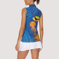 Hawaiian Funny Fruits Sea Animals Women Sleeveless Polo Shirt Mango Reef Triggerfish and Pineapple Turtle and Mandarin Jellyfish