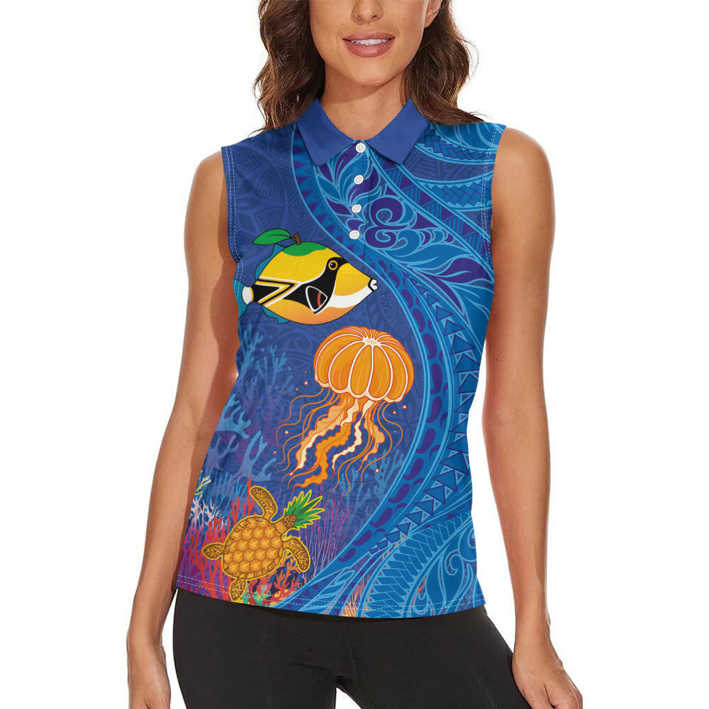 Hawaiian Funny Fruits Sea Animals Women Sleeveless Polo Shirt Mango Reef Triggerfish and Pineapple Turtle and Mandarin Jellyfish