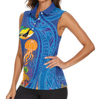 Hawaiian Funny Fruits Sea Animals Women Sleeveless Polo Shirt Mango Reef Triggerfish and Pineapple Turtle and Mandarin Jellyfish