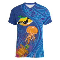 Hawaiian Funny Fruits Sea Animals Women V-Neck T-Shirt Mango Reef Triggerfish and Pineapple Turtle and Mandarin Jellyfish