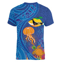 Hawaiian Funny Fruits Sea Animals Women V-Neck T-Shirt Mango Reef Triggerfish and Pineapple Turtle and Mandarin Jellyfish