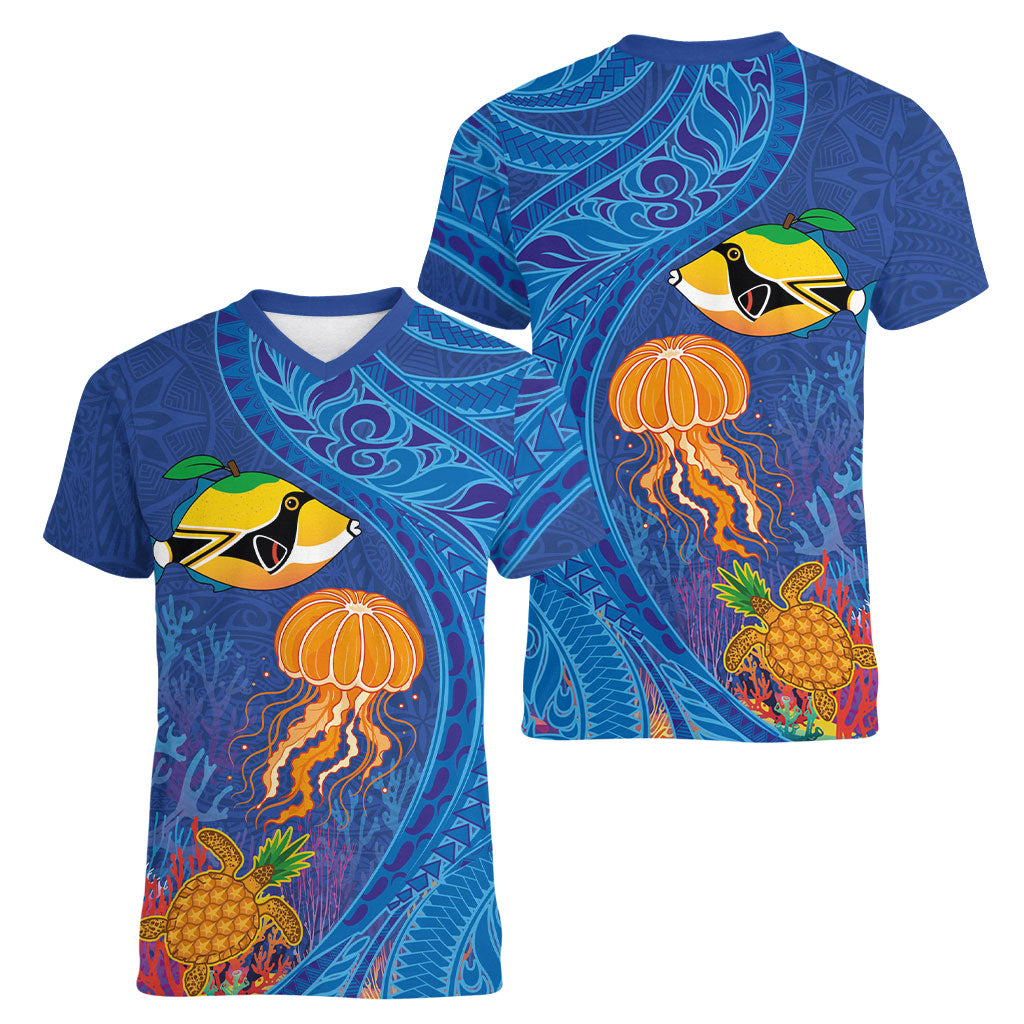 Hawaiian Funny Fruits Sea Animals Women V-Neck T-Shirt Mango Reef Triggerfish and Pineapple Turtle and Mandarin Jellyfish