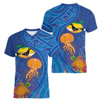 Hawaiian Funny Fruits Sea Animals Women V-Neck T-Shirt Mango Reef Triggerfish and Pineapple Turtle and Mandarin Jellyfish