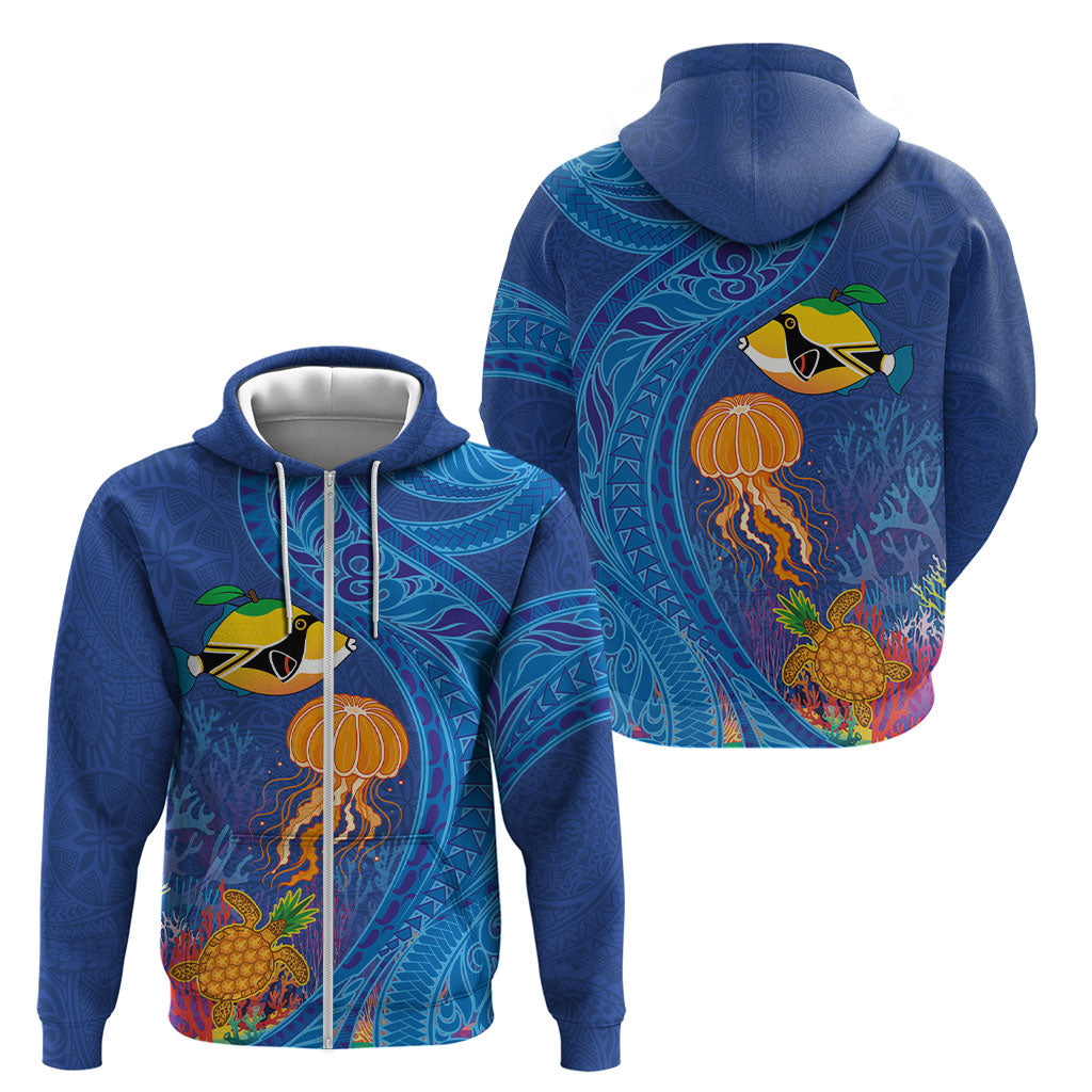 Hawaiian Funny Fruits Sea Animals Zip Hoodie Mango Reef Triggerfish and Pineapple Turtle and Mandarin Jellyfish