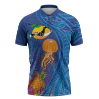 Hawaiian Funny Fruits Sea Animals Zipper Polo Shirt Mango Reef Triggerfish and Pineapple Turtle and Mandarin Jellyfish